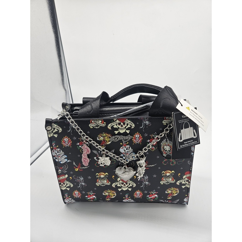 NWT Ed Hardy Tote / Crossbody Bag - Icons Print With Dangling Charms